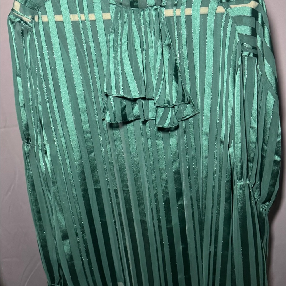 Elegant Green Striped Shirt W/ Next Tie and Puff Sleeves